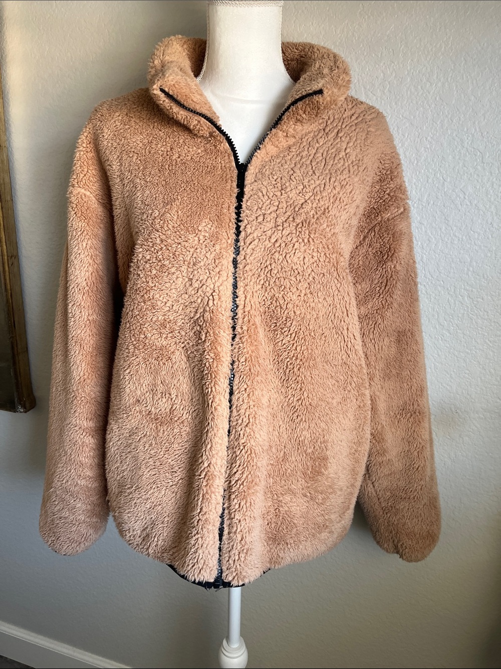 Plush Zip-Up Teddy Jacket in Light Brown
